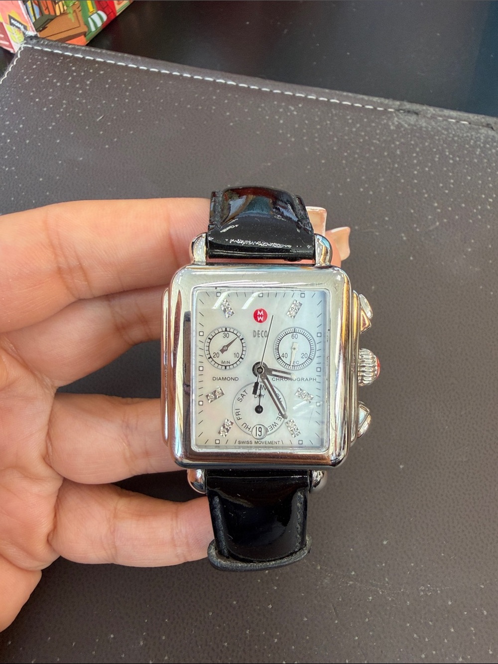 Michele Silver-Tone Square Mother-of-Pearl Watch with Black Strap
